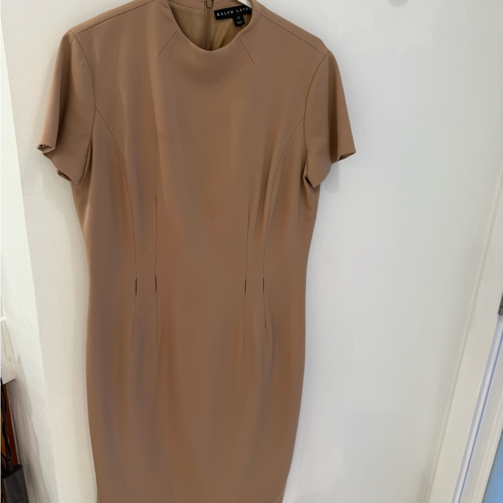 Ralph Lauren Tan Sheath Midi Dress Mock Neck